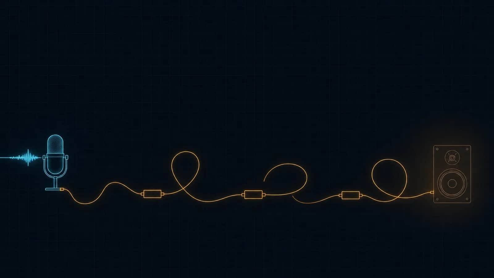 Короткий голубой звуковой сигнал входит в микрофон, а длинный янтарный кабель тянется через весь кадр к динамику