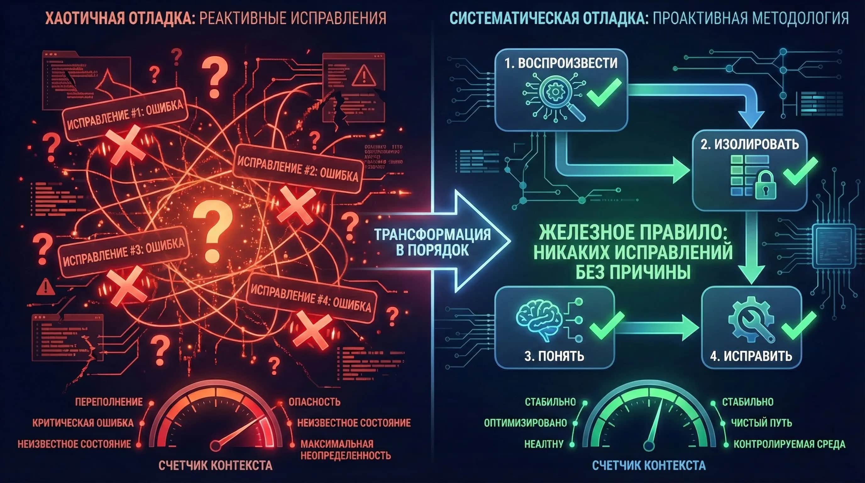 Четыре фазы систематической отладки: воспроизвести, локализовать, подтвердить гипотезу, исправить
