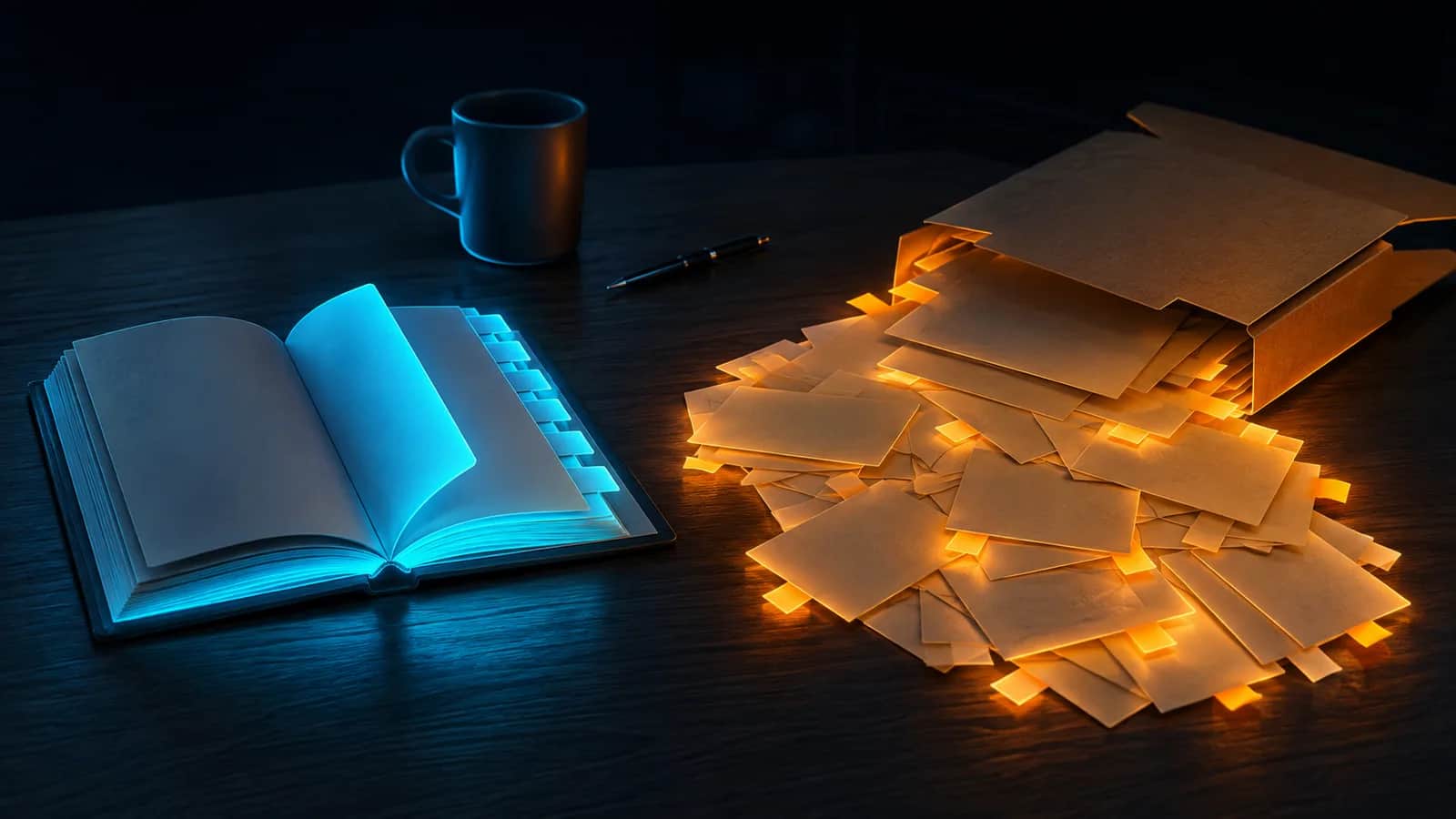 Поиск по базе знаний с ИИ: на столе записная книжка с алфавитными вырубками и высыпанные из коробки вырезки