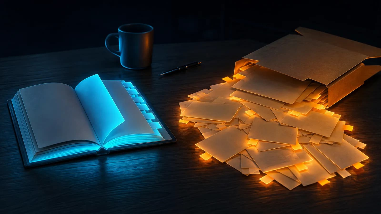 Поиск по базе знаний с ИИ: на столе записная книжка с алфавитными вырубками и высыпанные из коробки вырезки